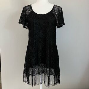 Crochet Tunic Length Fringe Flapper Top Cap Sleeve Black Womens size M